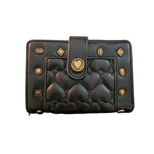 Betsey Johnson Black Quilted Heart Studded Bifold Wallet Women Small Accessory